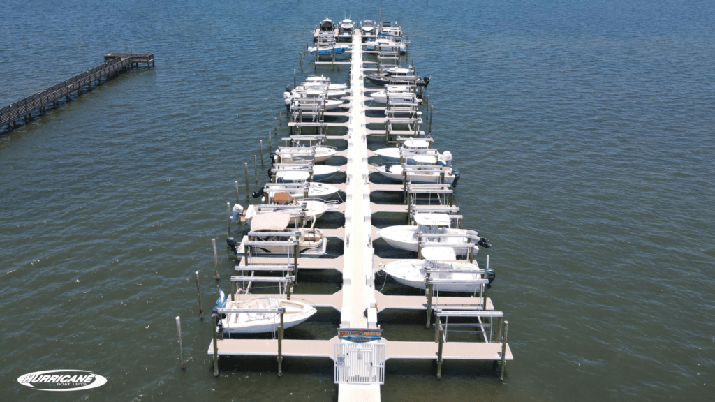 Commercial boat lift, large platform for supporting commercial vessels.