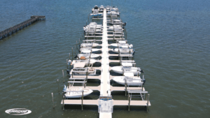 Commercial boat lift, large platform for supporting commercial vessels.