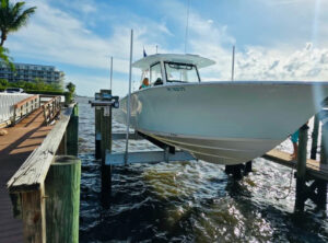 Boat lift installation at residential dock, sunny waterfront setting.